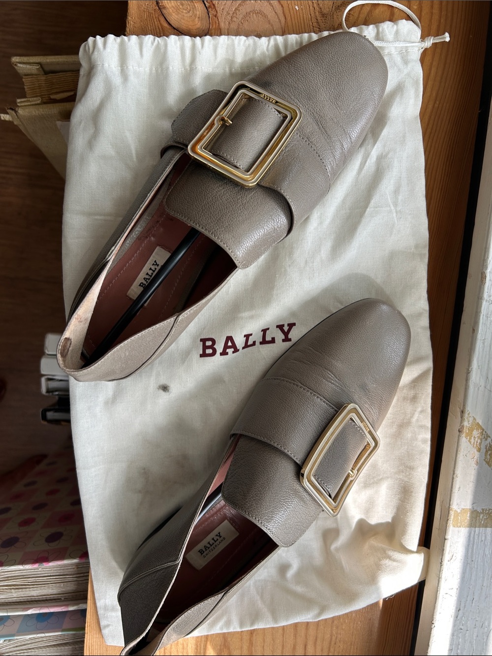 Bally Taupe Leather Buckle Loafers with Gold-Tone Hardware